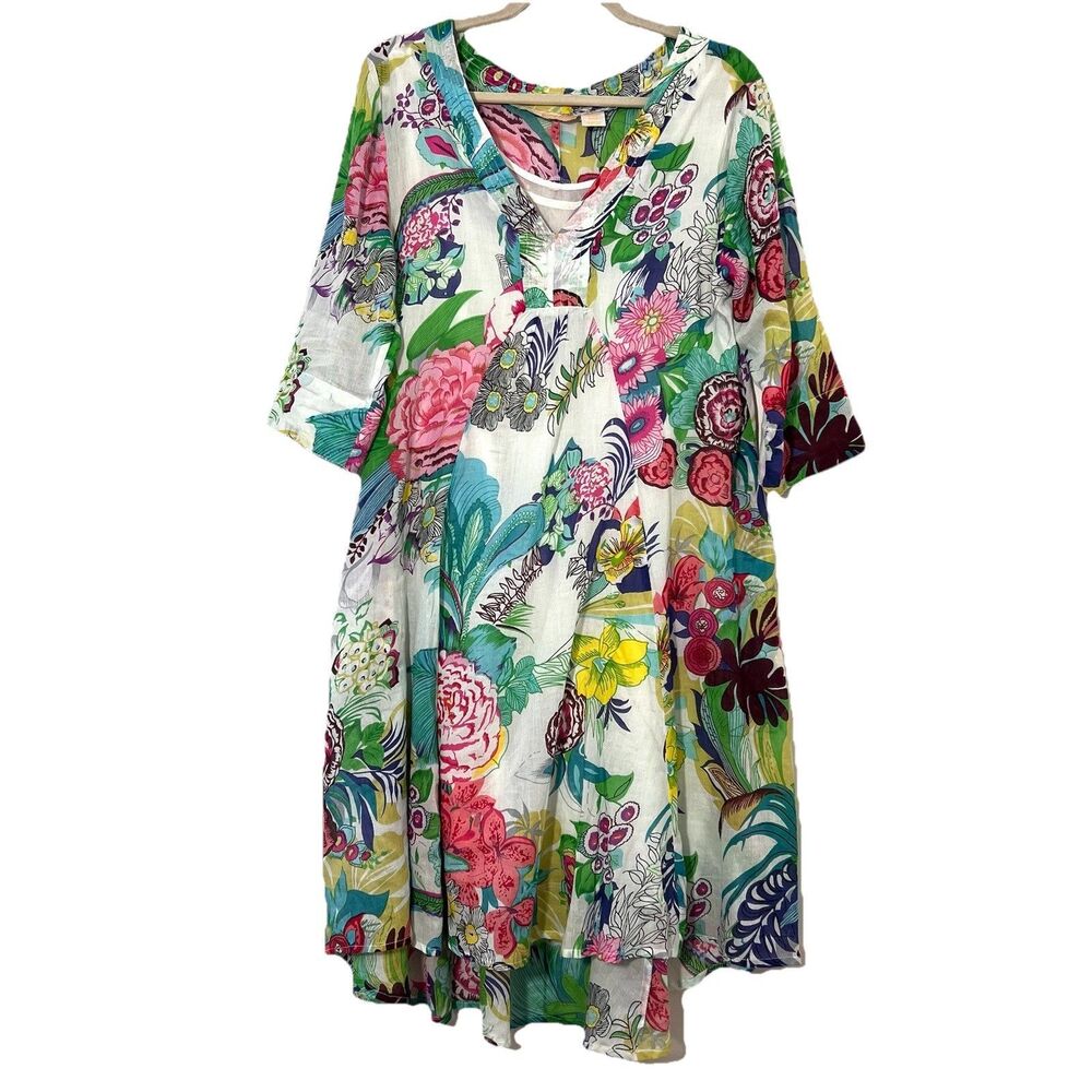 La Cera Midi Dress Size S Beaded V Neck Pockets Floral Tropical Beach‎ Boho